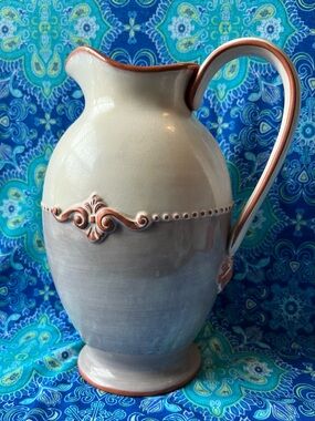 Decorative Ceramic Pitcher in Cream,Gray and Orange Trim by Michel & Company